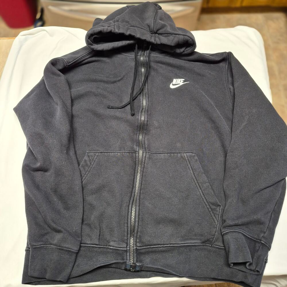 Nike Full Zip Fleece Hoodie Men’s Large Black White Swoosh Logo Sweatshirt